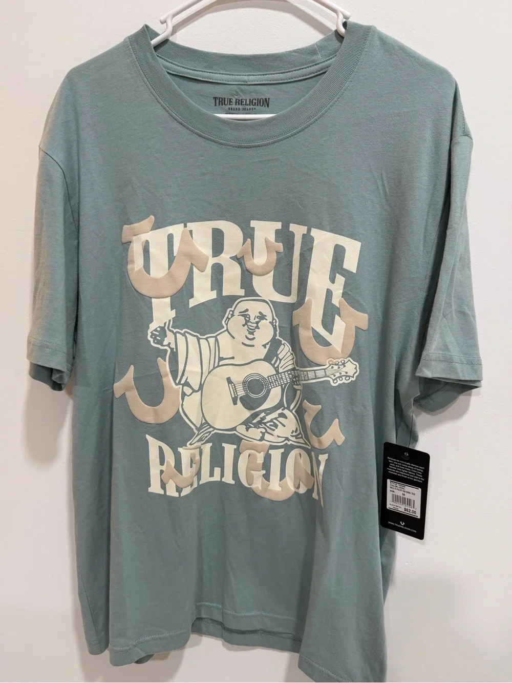 True Religion Sage Green Buddha Graphic Tee with Cream Print